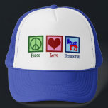 Peace Love Democraat Donkey Schattige Blue Trucker Pet<br><div class="desc">Dit schattige pet van de Democratische Partij heeft een cool liberaal ontwerp van een vredesteken,  hart en rode,  witte en blauwe ezel. Vrede houdt van democratie.</div>
