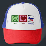 Peace Love Democraat Trucker Pet<br><div class="desc">Cute gift voor een liberaal. Een vredesteken,  een rood hart en een blauwe democraat ezel.</div>