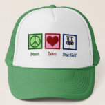 Peace Love Disk Golf Trucker Pet<br><div class="desc">Een schattig geschenk voor golfkerst met een vredes-,  hart- en vliegende diskgolflengten die door een golfer worden gebruikt. Cadeau van het golfterrein van de wolkschijf.</div>