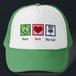 Peace Love Disk Golf Trucker Pet<br><div class="desc">Een schattig geschenk voor golfkerst met een vredes-, hart- en vliegende diskgolflengten die door een golfer worden gebruikt. Cadeau van het golfterrein van de wolkschijf.</div>