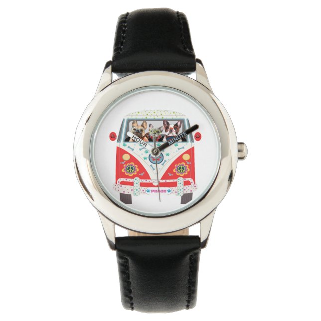 Peace Love Dogs Hippie Van French Bulldog Horloge (Voorkant)