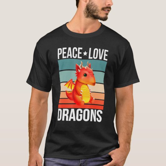Peace Love Dragons Quote Retro Art Dragon  T-shirt (Voorkant)