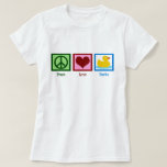 Peace Love Ducks Cute Duck Women's T-shirt<br><div class="desc">Perfect  t-shirt voor een vrouw die van eenden of baby vriendelijke cadeaus houdt. Een groen vredesteken,  een roodhart en een schattige gele rubbereend.</div>