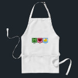 Peace Love Ducks Standaard Schort<br><div class="desc">Perfect  geschenk voor iemand die van eenden houdt of baby vriendelijke cadeaus. Een groen vredesbord,  een roodhart en een schattige gele rubbereend op een keukenschort.</div>