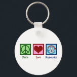 Peace Love Economics Sleutelhanger<br><div class="desc">Peace Love Economics. Een gave van een gave economist bezetting voor iemand die micro-economie of macro-economie studeert als economisch hoogleraar of professor. Een groot project van overheidsfinanciën en economische trends,  met een vredesteken,  een hart en de kringloop van geld in de samenleving.</div>