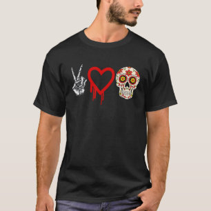 Peace Love en Sugar Skull Day van de dode Mannen W T-shirt