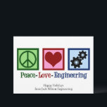Peace Love Engineering Company Custom Christmas Feestdagenkaart<br><div class="desc">Een coole engineer vakantiekaart met een vredesteken,  hart en versnellingen. Schattigee kerstkaarten voor een ingenieursbureau. Vrede houdt van techniek.</div>