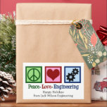 Peace Love Engineering Company Custom Christmas Rechthoekige Sticker<br><div class="desc">Een coole engineer vakantie sticker met een vredesteken,  hart,  en versnellingen. Schattigee aanpasbare Kerst stickers voor een engineeringbedrijf. Vrede houdt van techniek.</div>