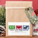Peace Love Engineering Company Custom Christmas Rechthoekige Sticker<br><div class="desc">Een coole engineer vakantie sticker met een vredesteken,  hart,  en versnellingen. Schattigee aanpasbare Kerst stickers voor een engineeringbedrijf. Vrede houdt van techniek.</div>