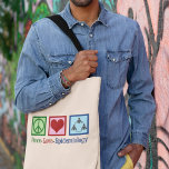 Peace Love Epidemiology Tote Bag<br><div class="desc">Een schattig kerstcadeau voor epidemiologen met een vredes-,  hart- en een cirkel van mensen die de tak van de geneeskunde vertegenwoordigen die ziektes en gezondheid bestudeert om ziektefactoren en preventie te bepalen. Peace Love Epidemiology.</div>