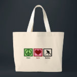 Peace Love Field Hockey Grote Tote Bag<br><div class="desc">Vredesbord,  hart en een silhouet van een hockeyspeler in actie.</div>