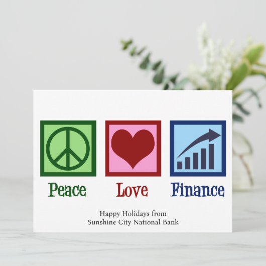 Peace Love Finance  Bank Kerst Feestdagenkaart (Staand voorkant)