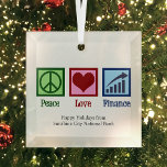 Peace Love Finance  Bank Kerst Glas Ornament<br><div class="desc">Peace Love Financiën vakantiegeschenk. Een coole financiële adviseur of planner kerstversiering voor een bankier of geldmanagement die samenwerkt met bankcliënten om hun activa en financiën te beheren. Schattige aanpasbaar ontwerp voor financiële planningsbankiers in openbare,  zakelijke of persoonlijke financiën.</div>