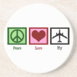 Peace Love Fly Zandsteen Onderzetter<br><div class="desc">Een vredesteken,  hart en een vliegtuig. Dit is een schattig geschenk voor een piloot,  een stewardess of iemand die graag reist.</div>
