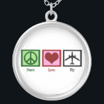 Peace Love Fly Zilver Vergulden Ketting<br><div class="desc">Een vredesteken,  hart en een vliegtuig. Dit is een schattig geschenk voor een piloot,  vluchtbegeleider of iemand die graag reist.</div>