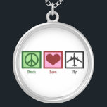 Peace Love Fly Zilver Vergulden Ketting<br><div class="desc">Een vredesteken,  hart en een vliegtuig. Dit is een schattig geschenk voor een piloot,  vluchtbegeleider of iemand die graag reist.</div>