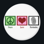 Peace Love Forensics Magneet<br><div class="desc">Als je forensische wetenschap fascineert, is dit het perfecte ontwerp. Het bevat een vredesteken, hart en vingerafdruk.</div>