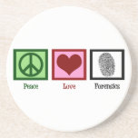 Peace Love Forensics Zandsteen Onderzetter<br><div class="desc">Een vredesteken,  hart en een vingerafdruk die dienen als forensisch bewijs. Geweldig geschenk voor een forensische wetenschapper of detective.</div>