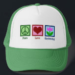 Peace Love Gardening Cute Gardener Tulip Flower Trucker Pet<br><div class="desc">Een mooi tuiniercadeau voor een tuinman die op een mooie,  zonnige dag van plant houdt van bloemen in de tuin. PEACE LOVE GARDENING heeft een groen vredesteken,  een rood hart en een schop in de grond naast een  tulp.</div>
