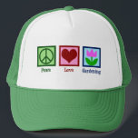 Peace Love Gardening Cute Gardener Tulip Flower Trucker Pet<br><div class="desc">Een mooi tuiniercadeau voor een tuinman die op een mooie,  zonnige dag van plant houdt van bloemen in de tuin. PEACE LOVE GARDENING heeft een groen vredesteken,  een rood hart en een schop in de grond naast een  tulp.</div>