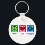 Peace Love Geography Teacher Wereldkaart Sleutelhanger<br><div class="desc">Een coole kerstcadeau voor aardrijkskundigen met een schattig vredesteken,  hart en wereldbol van de aarde.</div>