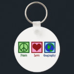 Peace Love Geography Teacher Wereldkaart Sleutelhanger<br><div class="desc">Een coole kerstcadeau voor aardrijkskundigen met een schattig vredesteken,  hart en wereldbol van de aarde.</div>