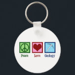 Peace Love Geology Sleutelhanger<br><div class="desc">Peace Love Geology. Een coole geologische wetenschappelijke gave voor een geoloog die aardwetenschappen en rotsen bestudeert door de geologische geschiedenis van de planeet. Het heeft een schattig vredesteken,  hart en geologen die een rockhamer hebben.</div>