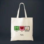 Peace Love Gymnastics Cute Personalized Gymnast Tote Bag<br><div class="desc">Een vredesteken,  hart en een gymnast die een handgreep op een balk doet. Een schattig cadeautje voor de Peace Love Gymnastics voor een coach of een competitief gymnastiekteam.</div>