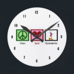 Peace Love Gymnastics Ronde Klok<br><div class="desc">Een vredesteken,  hart en een gymnast die een handgreep op de balk doet.</div>