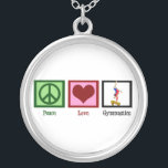 Peace Love Gymnastics Zilver Vergulden Ketting<br><div class="desc">Een vredesteken,  hart en een gymnast die een handgreep op een balk doet. Een schattig gymnastiekcadeau.</div>