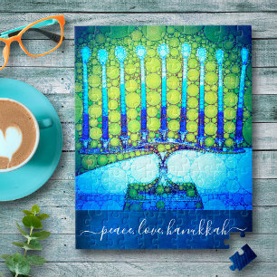 "Peace Love Hanukkah" Artsy Blue & Green Menorah Legpuzzel