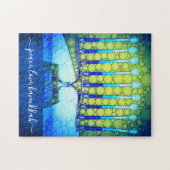 "Peace Love Hanukkah" Artsy Blue & Green Menorah Legpuzzel (Horizontaal)
