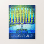 "Peace Love Hanukkah" Artsy Blue & Green Menorah Legpuzzel (Verticaal)