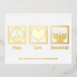 Peace Love Hanukkah Custom Elegant Gold Folie Feestdagen Briefkaart<br><div class="desc">Een elegant briefkaart van de Vredesliefhebber Hanukkah voor een Joodse persoon die graag Chanoeka viert. Een  vredesteken,  hart en een mooie menorah boven je aangepaste tekst op mooie briefkaarten.</div>