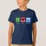 Peace Love Hanukkah Cute Blue Kinder T-shirt<br><div class="desc">Peace Love Hanukkah kinder t-shirt voor een Joods kind dat graag Chanoeka viert. Een  vredesteken,  hart en een mooie menorah.</div>