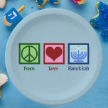 Peace Love Hanukkah Papieren Bordje<br><div class="desc">Peace Love Hanukkah-cadeau voor een Joodse persoon die graag Chanoeka viert. Een  vredesteken,  hart en een mooie menorah.</div>