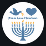 Peace Love Hanukkah Ronde Sticker<br><div class="desc">Festival of Lights Chanoeka ontwerp dat zegt VREDE LIEFDE Chanoeka met een duif en olijftak,  hart en verlichte menora. PinkInkArt origineel!</div>
