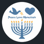 Peace Love Hanukkah Ronde Sticker<br><div class="desc">Festival of Lights Chanoeka ontwerp dat zegt VREDE LIEFDE Chanoeka met een duif en olijftak,  hart en verlichte menora. PinkInkArt origineel!</div>