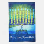 Peace Love Hanukkah Script Blue Green Menorah Theedoek (Verticaal)