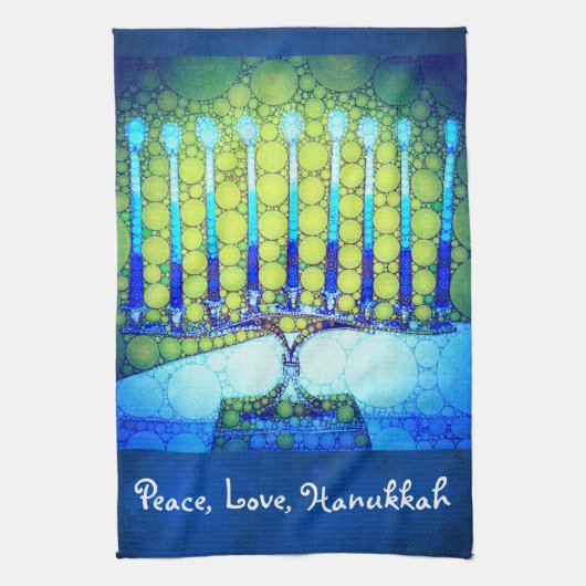 Peace Love Hanukkah Script Blue Green Menorah Theedoek (Verticaal)