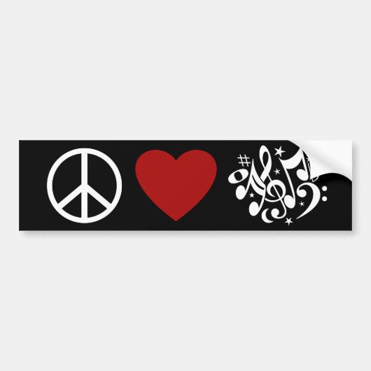Peace Love Harmony Red Heart White Musical Notes Bumpersticker (Voorkant)