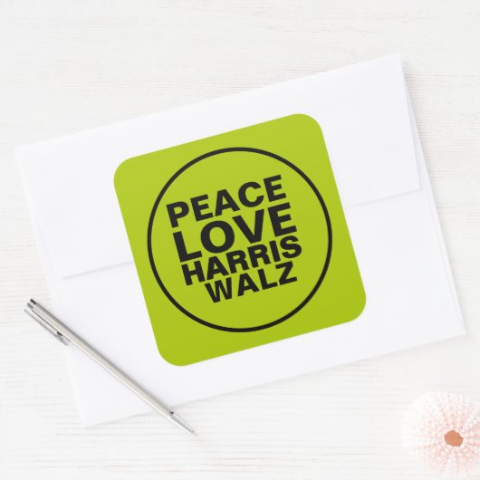 PEACE LOVE HARRIS WALZ Neon Green Vierkante Sticker (Envelop)