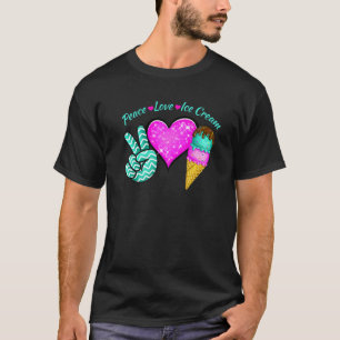 Peace Love Heart Ice Cream Blauwgroen Roze Sweets  T-shirt