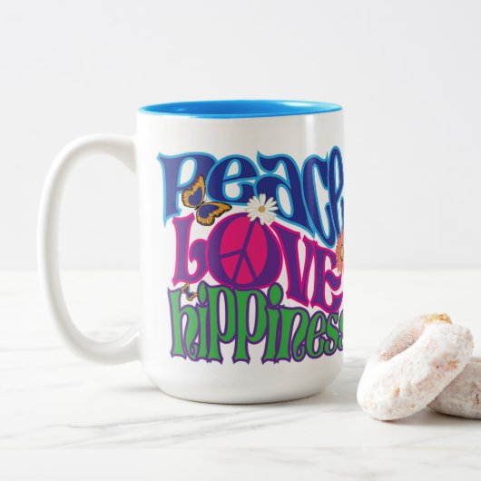Peace Love Hippieness 15oz Tweekleurige Koffiemok (Met donut)