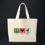 Peace Love Horses Grote Tote Bag<br><div class="desc">Ik hou van mooie paarden. Een  groen vredesbord,  een rood hart,  en een bruin paard op een blauw vierkant maken een schattig paardensportgeschenk.</div>