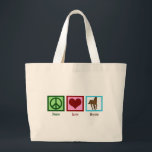 Peace Love Horses Grote Tote Bag<br><div class="desc">Ik hou van mooie paarden. Een  groen vredesbord,  een rood hart,  en een bruin paard op een blauw vierkant maken een schattig paardensportgeschenk.</div>