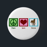 Peace Love Horses Ronde Button 5,7 Cm<br><div class="desc">Ik hou van mooie paarden. Een  groen vredesbord,  een rood hart,  en een bruin paard op een blauw vierkant maken een schattig paardenknopcadeau. Een schattige kerstkist voor dierenvrienden.</div>