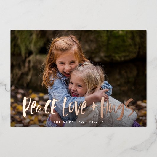 Peace Love Hugs Lettering Photo Folie Holiday Card Folie Feestdagenkaart (Voorkant)