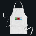 Peace Love Ice Cream Standaard Schort<br><div class="desc">vredesteken,  hart,  en een drievoudige scoop van chocolade,  vanilla en aardbeienijs in een kegel. Een schattig ijsparlorapron voor een eigenaar die draag in een bevroren yoghurtwinkel.</div>