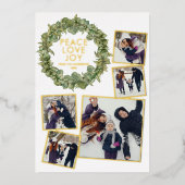 Peace Love Joy 5 Foto Greenery Kerstmis Gold Folie Feestdagenkaart (Voorkant)